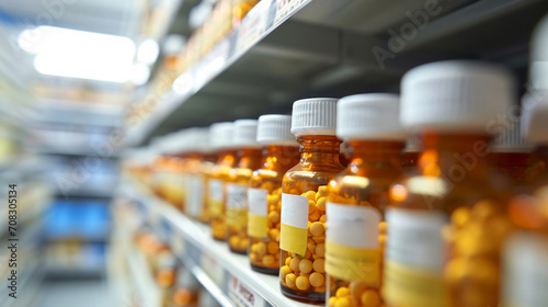 Pharmacy shelf stocked with organized medication bottles