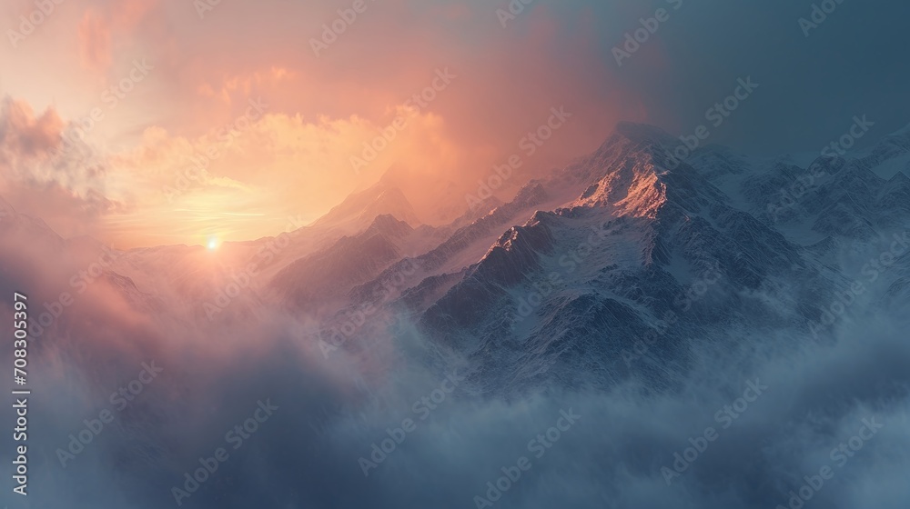 Winterzauber in den Bergen: Schneebedeckte Gipfel - obrazy, fototapety, plakaty 