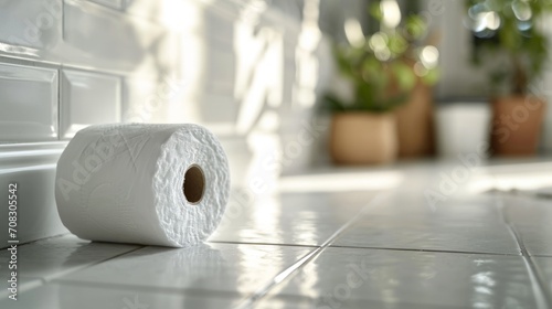 Single roll of white bathroom tissue in a bright modern bathroom photo