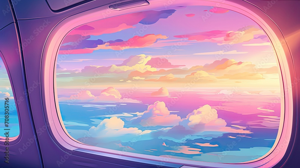 Fototapeta premium an airplane window wing colorful clouds pink illustration