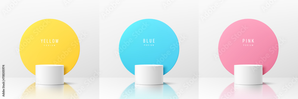 Set of realistic 3d white cylinder podium pedestal with pastel yellow, blue, pink in round circles background. Abstract vector rendering geometric form. Mockup product display. Pastel minimal scene. Set of realistic 3d white cylinder podium pedestal with pastel yellow, blue, pink in round circles background. Abstract vector rendering geometric form. Mockup product display. Pastel minimal scene.