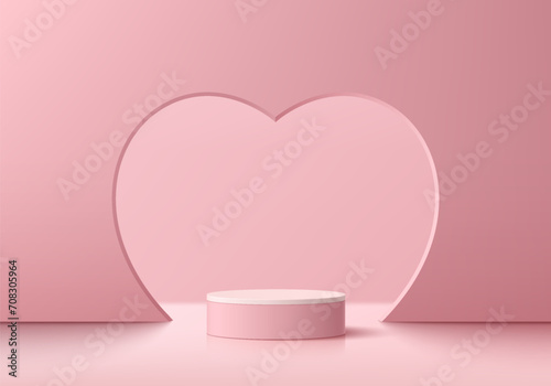 Valentine 3D background with realistic pink podium pedestal, Heart shape gate backdrop scene. Minimal pastel wall scene mockup product display. Abstract geometric platforms. Stage showcase. Vector 3D.