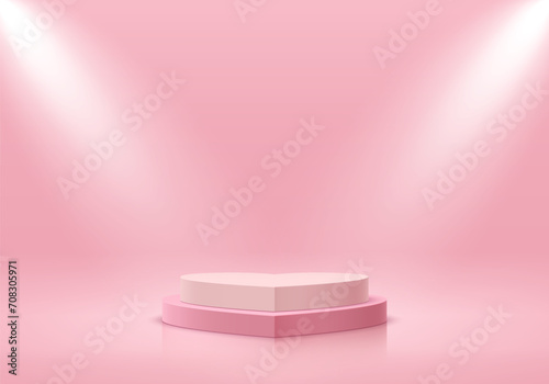 Valentine 3D realistic white and pink podium in heart shape with spotlight background. Pastel minimal wall scene mockup product display presentation. Vector geometric platform design. Stage showcase.