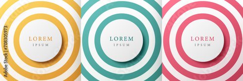 Set of radial circles yellow, pink, green and white background with copy space. Collection of geometric pedestal or podium in top view design. Trendy color frames for product display. Vector EPS10.