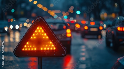 Warning road sign illuminated at dusk on a busy street