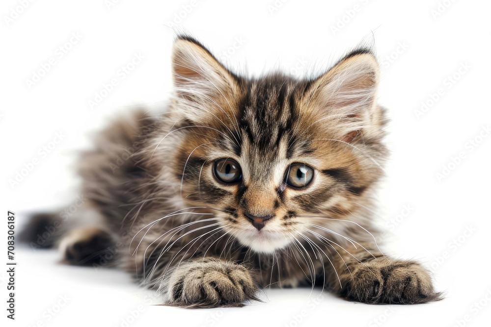Playful cute tabby fluffy kitten is isolated on white background Playful cute tabby fluffy kitten is isolated on white background
