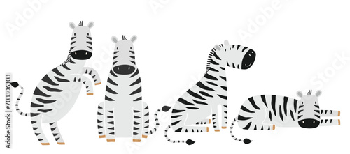 Cute zebra cartoon character flat vector illustrations set.
