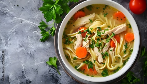 A bowl of healthy chicken noodle soup
