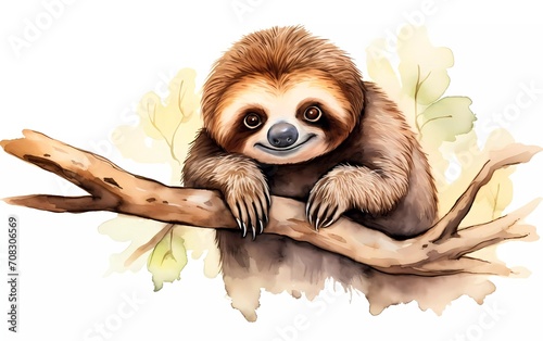 Cute sloth hanging on a tree branch with a funny face, in watercolor style, on a white background. generative ai