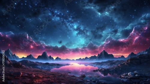 Fantasy Night Sky with Milky Way, Mountain with Smoke from Volcano, Lake with Reflection to Sky. Fantasy Landscape © Sayo