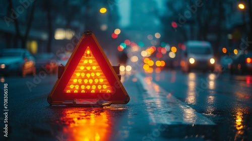 Warning road sign illuminated at dusk on a busy street