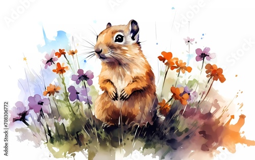 Small and beautiful ground squirrel in a meadow among flowers, in watercolor style, on a white background. generative ai