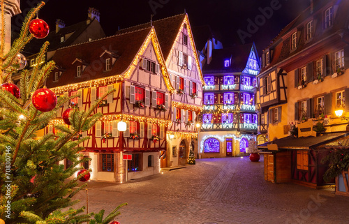 Old town of Colmar, decorated and illuminated at Christmas time, Alsace, France