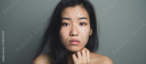 Asian woman with acne scars and pimple worries about skin appearance due to mask allergies. photo