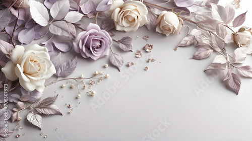 Festive white vertical 2d background with rose and leaves hanging. , event holidays,copy space white