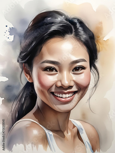 Expressive Portrait - Close-up watercolor painting of a passionate, well-built young woman with a strong and emotional smile Gen AI photo
