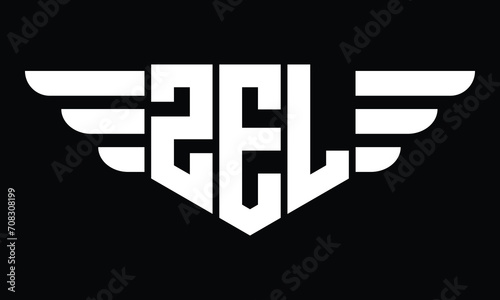 ZEL three letter logo, creative wings shape logo design vector template. letter mark, word mark, monogram symbol on black & white. 