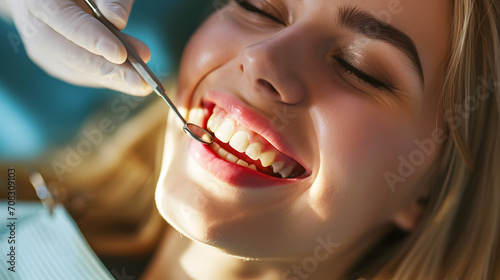 A radiant woman showcasing her perfect smile during a dental visit  exuding confidence and emphasizing the importance of oral hygiene through her meticulously applied lipstick and flawless skin
