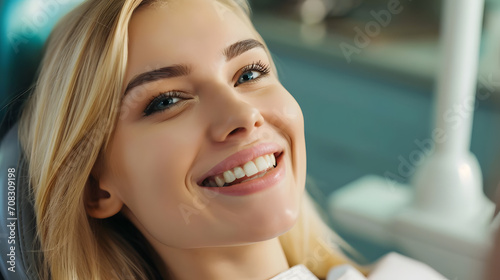 A stunning woman with a radiant smile, her lips adorned with a pop of color, showcasing her beautiful features and confidence through her layered brown hair and bold eyeliner, exuding warmth and joy 