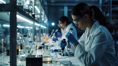 Foto A dedicated scientist in a crisp lab coat carefully wields a precise pipette, su