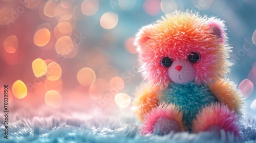 Colorful and fluffy plush toy, looking soft and inviting, set against playful background.