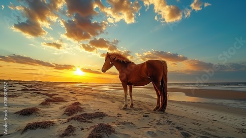 A brown horse standing on top of a sandy beach under a cloudy blue and orange sky with a sunset © Ahmad-Muslimin