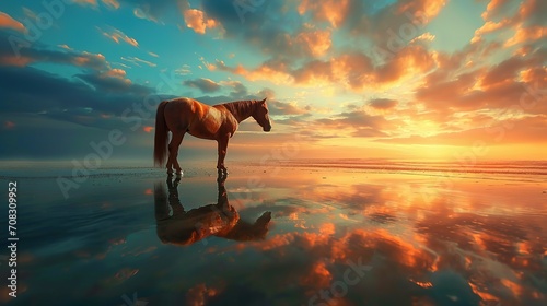 A brown horse standing on top of a sandy beach under a cloudy blue and orange sky with a sunset photo
