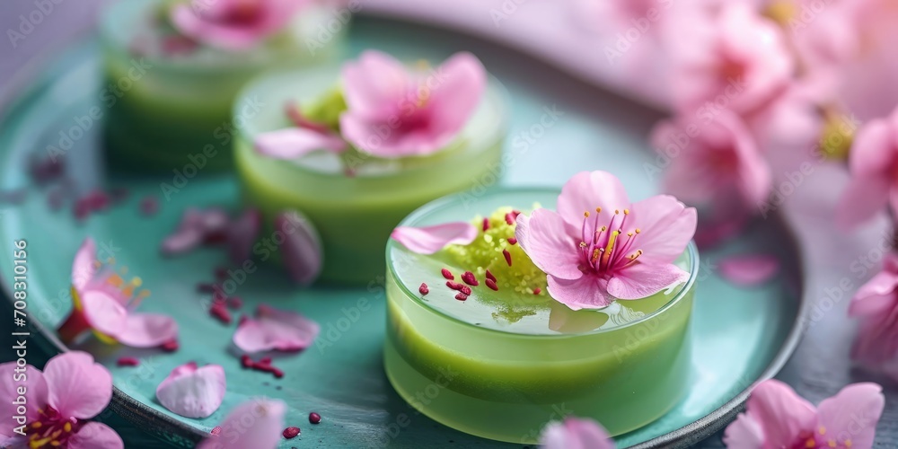 Japanese dessert, green matcha tea jelly cream decorated with sakura flowers, on ceramic plate. AI generated image. 