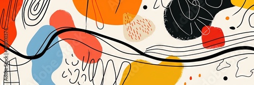 Modern abstract shapes with squiggly doodle black line over for minimalist digital print. Bold color palette, iconic, charming, colorful geometric. Drawing vector design.