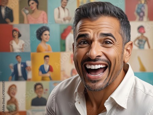 Expressive Close-Up - Broad-Shouldered Latino Man with Whimsical and Dreamy Vintage Twist Gen AI photo