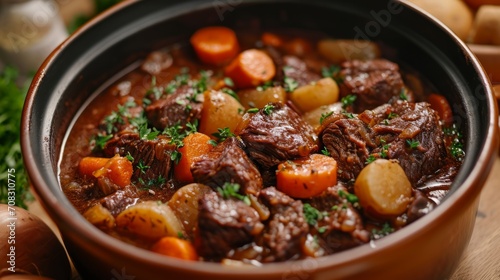 Hearty homemade beef stew with vegetables in a rustic pot