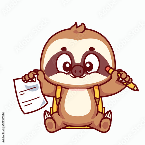 Cartoon sloth animal school writing with pencil and paper