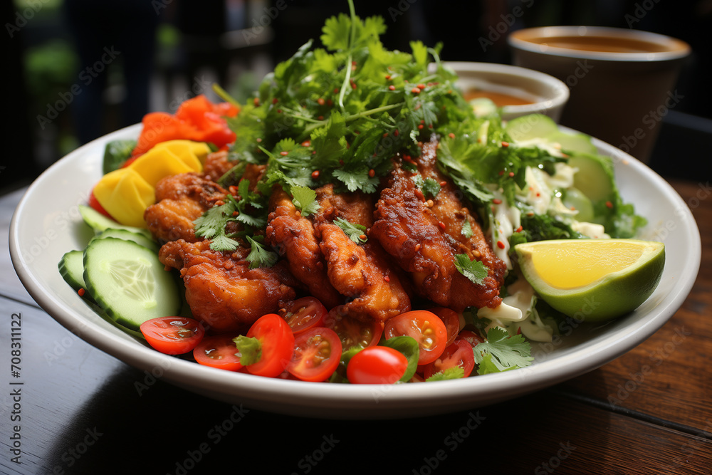 Battered and fried chicken with barbecue flavor topped with ketchup in white bowl on wooden table.