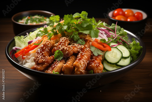 Battered and fried chicken with barbecue flavor topped with ketchup in white bowl on wooden table.