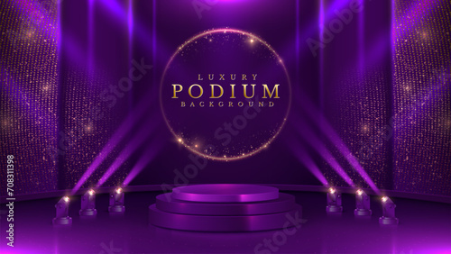 Empty violet podium with spotlight effects and gold bokeh decorations. Luxury scene design concept. Vector illustrations.