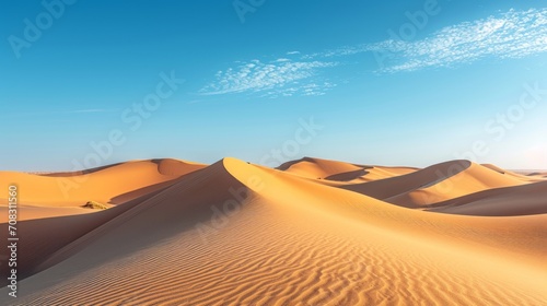 Sweeping sandy dunes under clear blue sky, embodying the vastness of the desert.