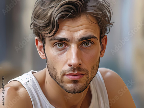 Expressive Close-Up Portrait - Compact Olive-Skin Young Adult White Man with Ethereal Impressionist Painting Gen AI photo