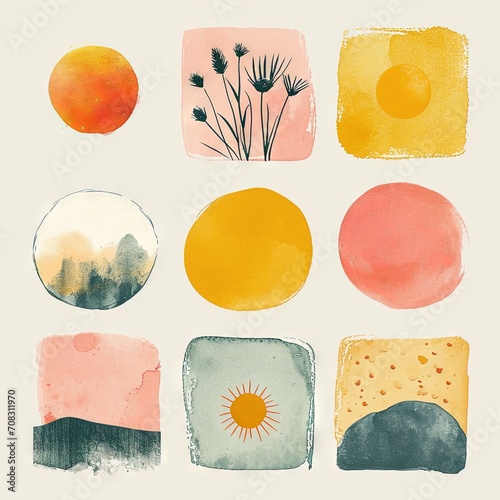 Abstract small simple icon clipart set of blush geometric shapes with bold strokes. Soft wash and minimalist detail. Organic charming, rhythmic bold block doodle print. Great as poster decoration.