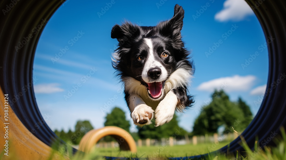 Border collie jumping in the air against a green outdoor backdrop. Happy dog rushing through agility tunnel, playing outside. Pet Day. AI Generative
