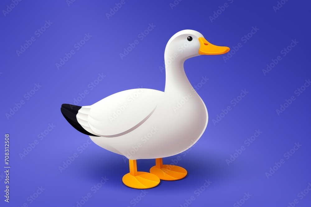Obraz premium A white duck, with its orange feet, stands out against a blue background.