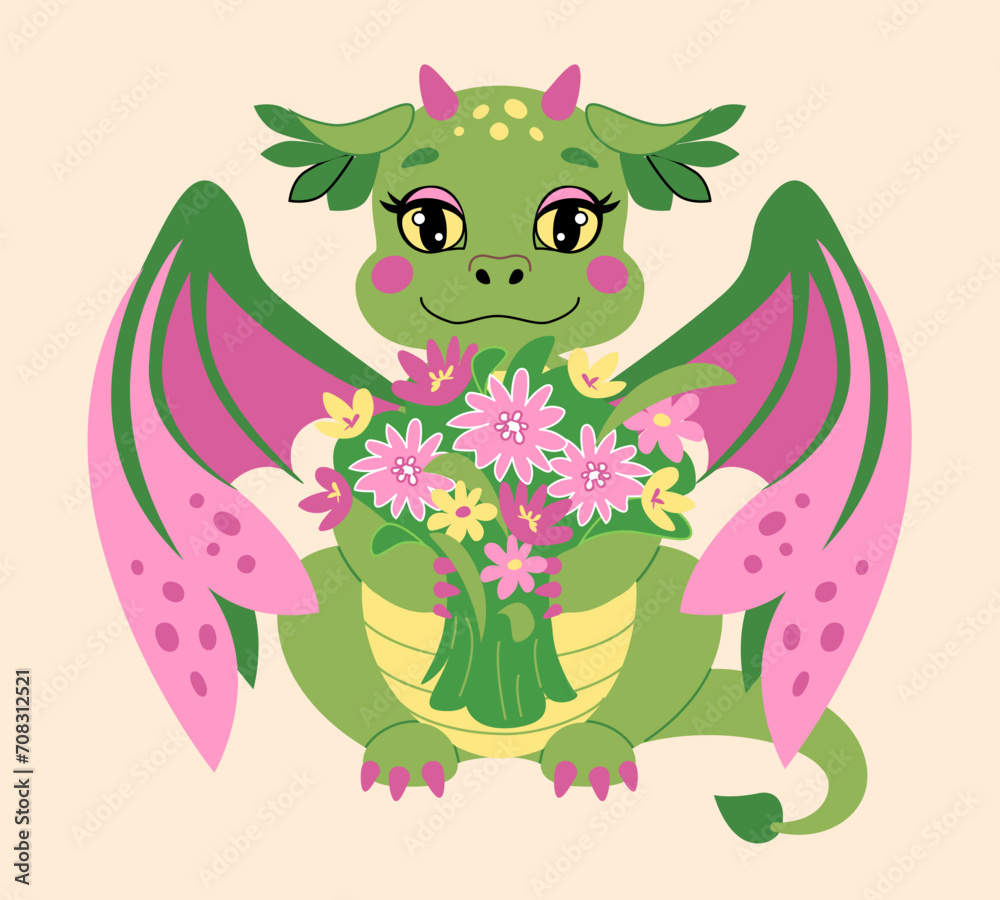 Obraz premium Cute fairytale dragon with spring flower bouquet. Vector illustration in flat cartoon style