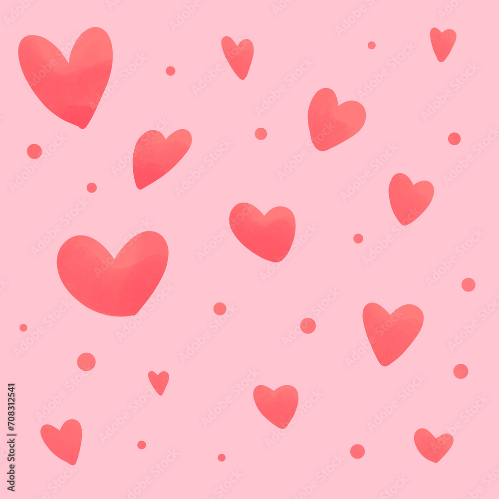 Red hearts on pink background with Valentine's Day