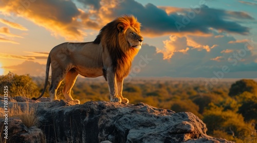 Majestic lion surveying the savannah at golden hour