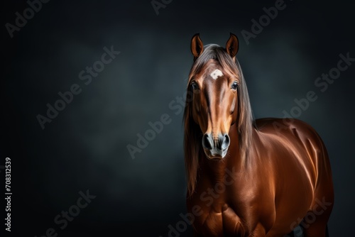 A brown horse, serene and beautiful, stands in a dark room. photo