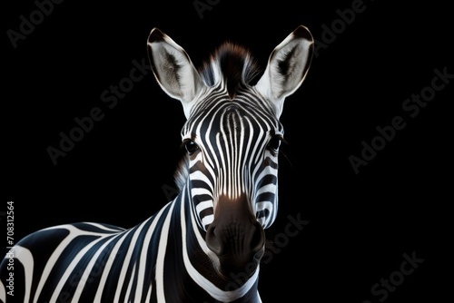 A zebra  its stripes prominent  stands out against a black background.