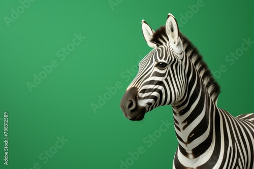 A zebra  its stripes blending with the green background  creates a natural scene.