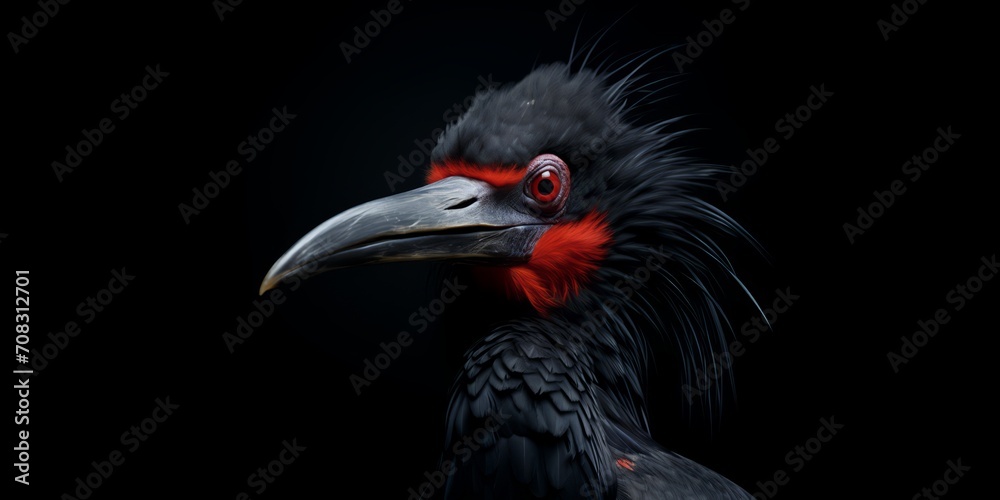 Obraz premium A bird, its head and upper body captured in a surrealistic portrait, stands against a black background.