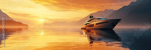 Luxury yacht sailing on a serene lake at sunset with mountains in the backdrop created with Generative AI Technology © Vehicles Generative