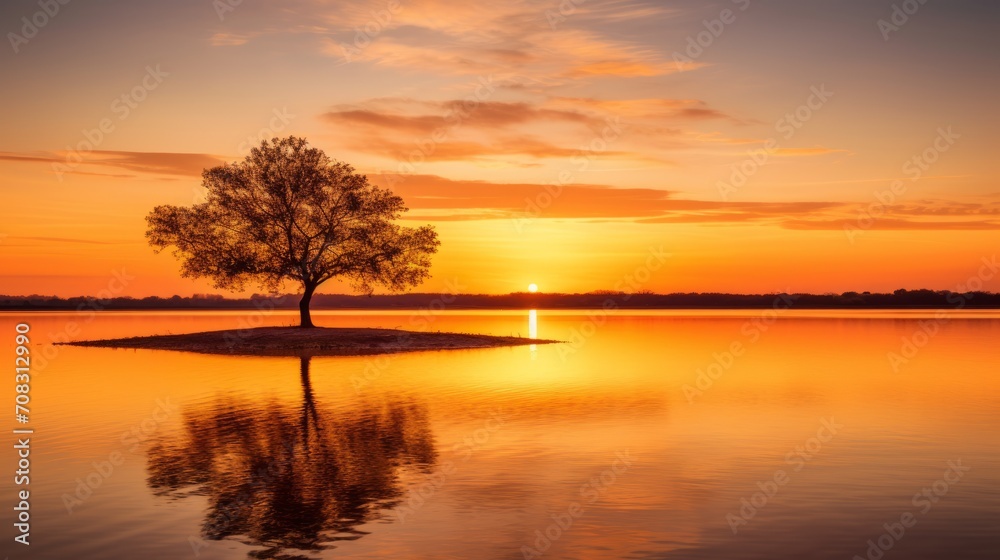 A lone tree sits on a small island in a lake filled with molten gold, basking in the warm spring sunset. A lone tree sits on a small island in a lake filled with molten gold, basking in the warm spring sunset.