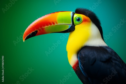 A colorful toucan, its long yellow beak distinct, stands against a green background.